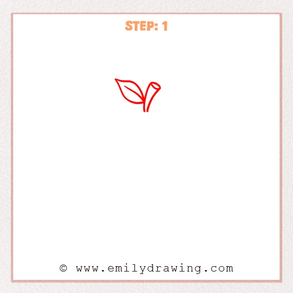 how to draw a cartoon apple - First step of a cartoon apple showing a single leaf and a short stem with an oval opening.